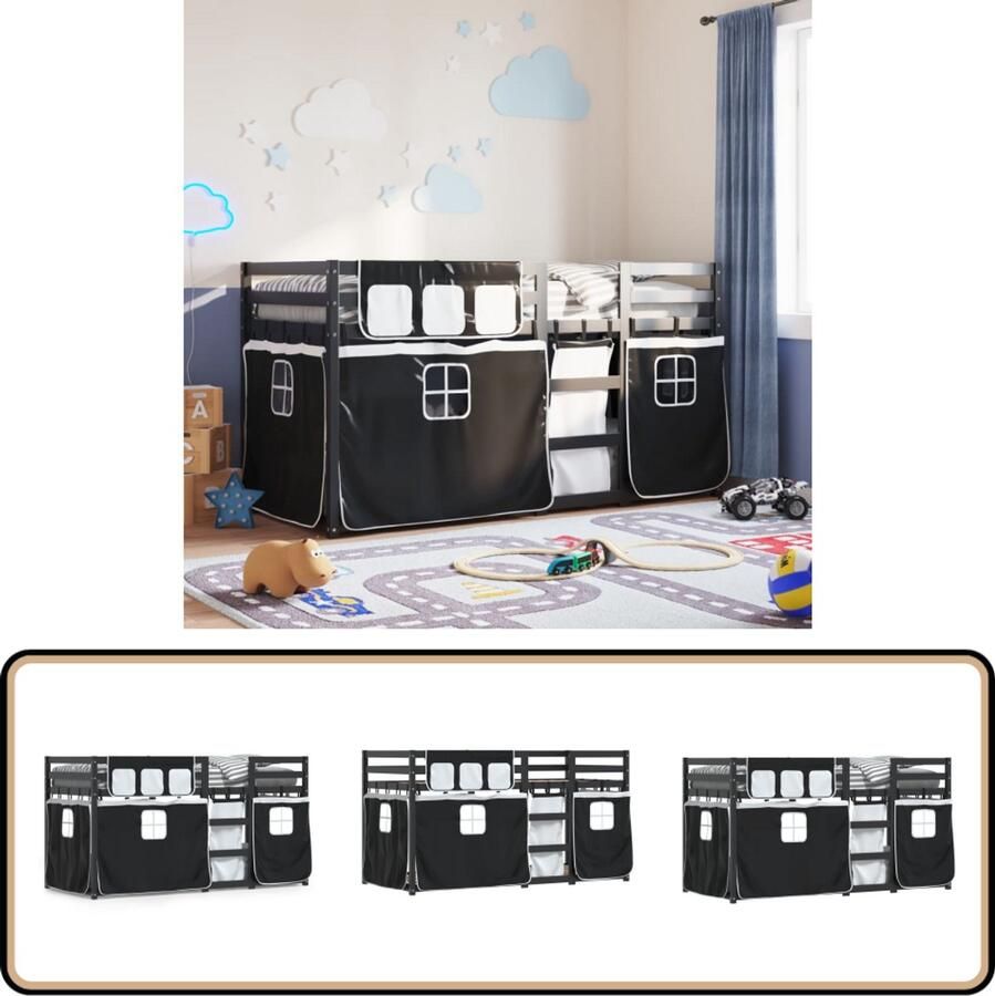 VidaXL Stapelbed met gordijnen 90x190 cm grenenhout wit en zwart