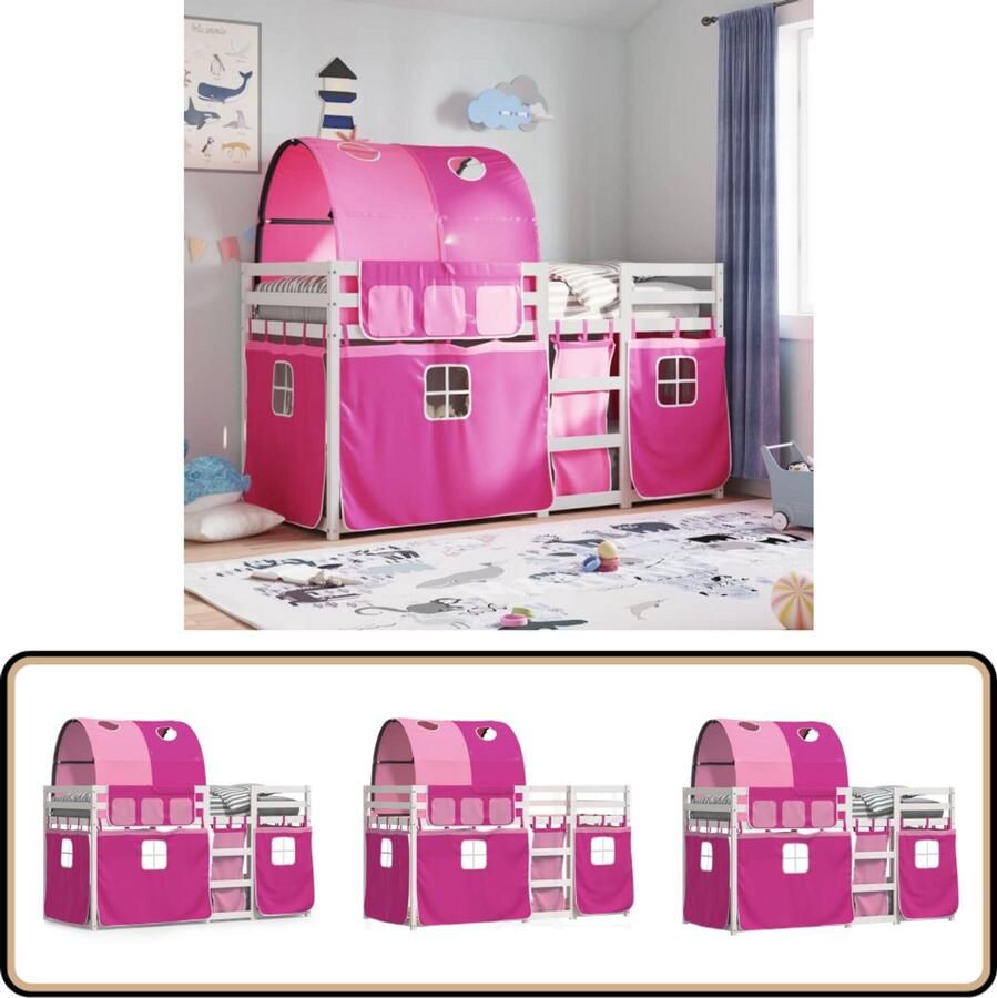 VidaXL Stapelbed met gordijnen 90x200 cm grenenhout roze
