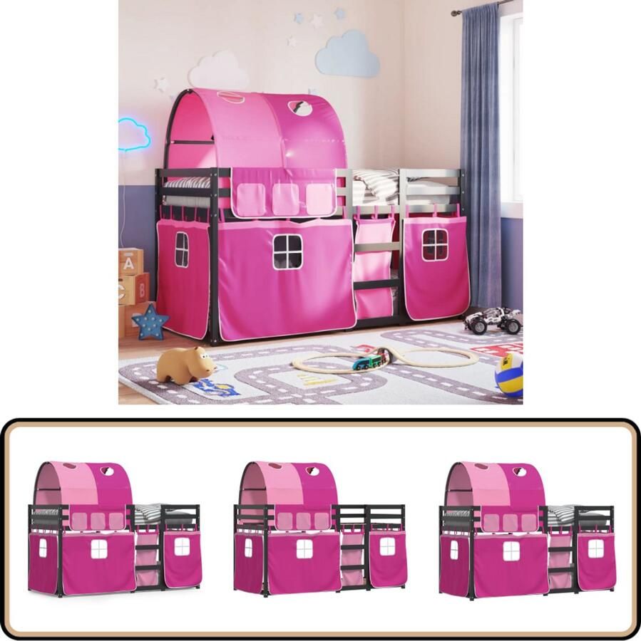 VidaXL Stapelbed met gordijnen 90x200 cm grenenhout roze