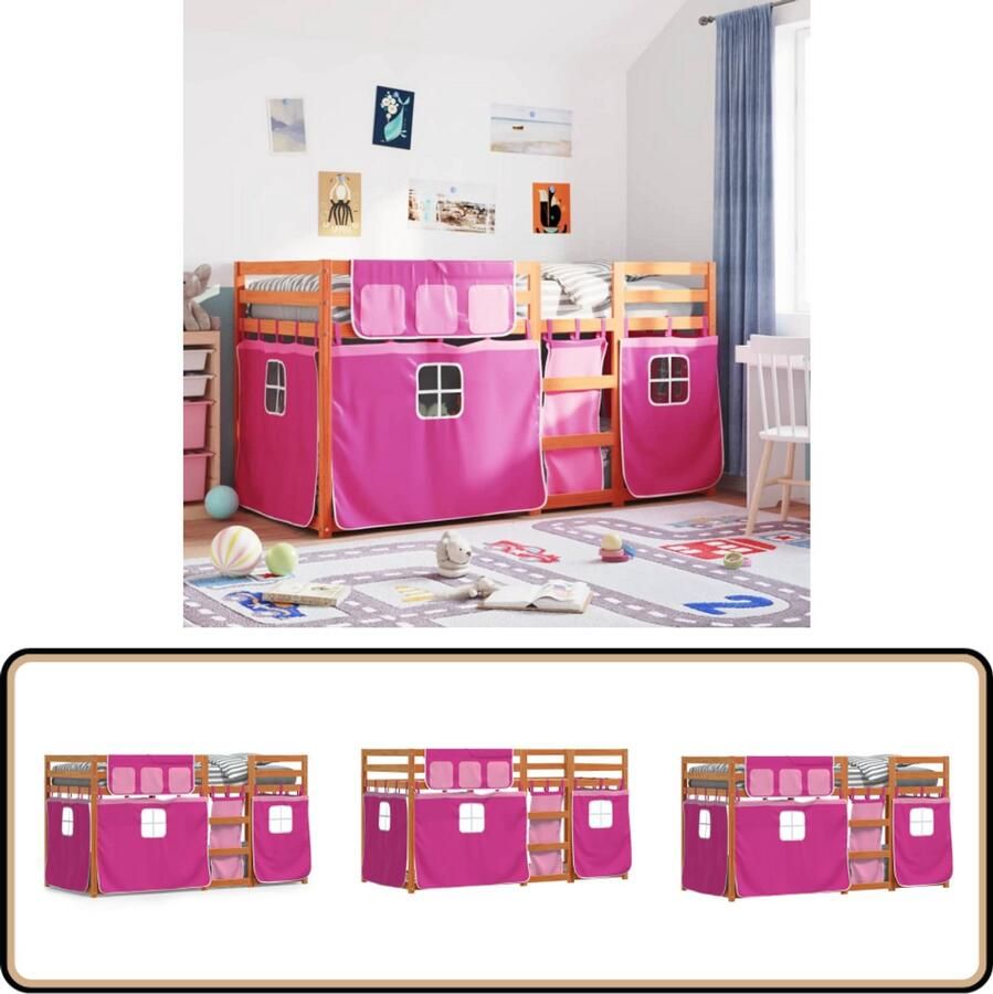 VidaXL Stapelbed met gordijnen 90x200 cm grenenhout roze