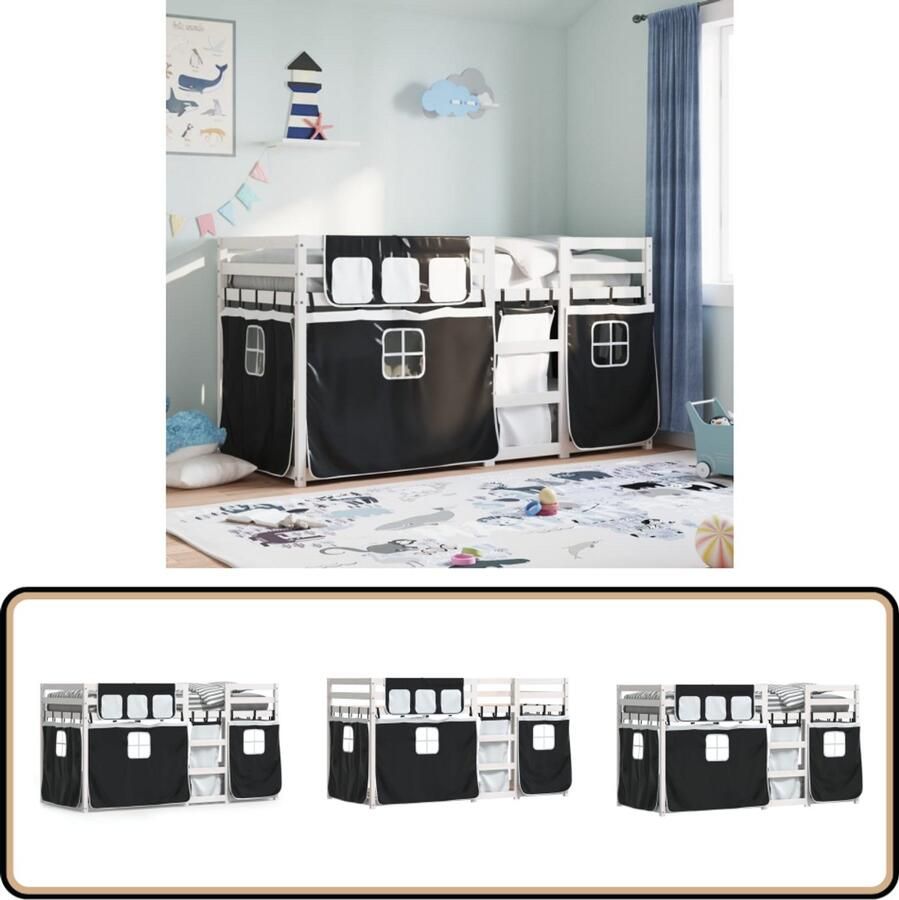 VidaXL Stapelbed met gordijnen 90x200 cm grenenhout wit en zwart