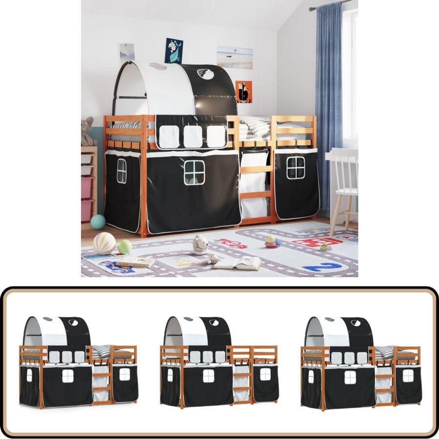 VidaXL Stapelbed met gordijnen 90x200 cm grenenhout wit en zwart