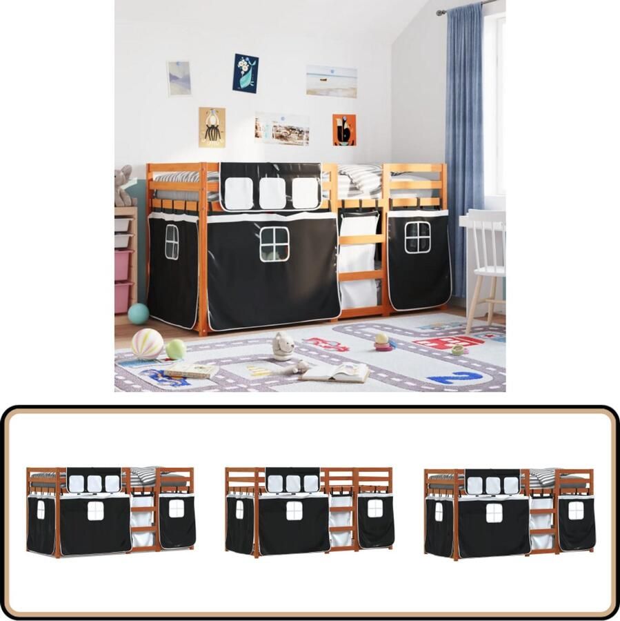 VidaXL Stapelbed met gordijnen 90x200 cm grenenhout wit en zwart