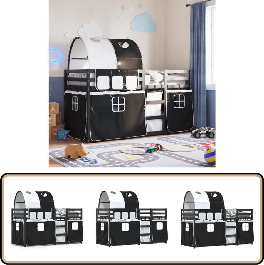 VidaXL Stapelbed met gordijnen 90x200 cm grenenhout wit en zwart