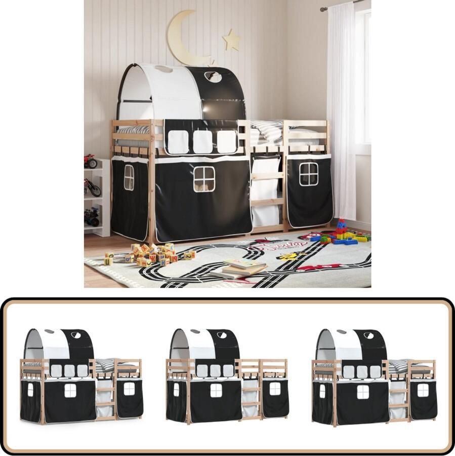 VidaXL Stapelbed met gordijnen 90x200 cm grenenhout wit en zwart