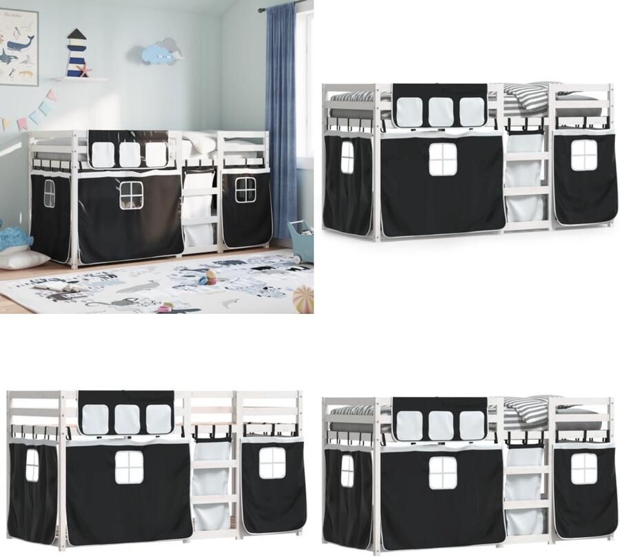 VidaXL Stapelbed met gordijnen 90x200 cm grenenhout wit en zwart Stapelbed Stapelbedden Bedframe Kinderbedframe