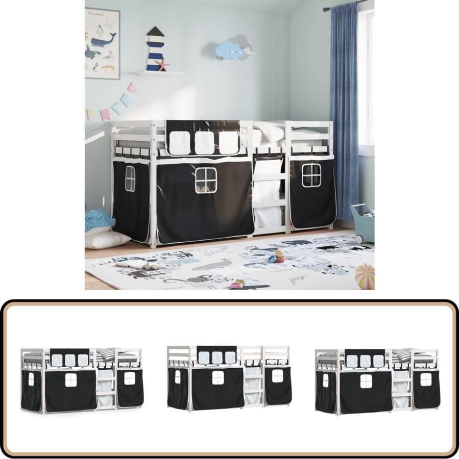 VidaXL Stapelbed met gordijnen Grenenhout Wit Zwart Stapelbed Kidskamer Houten Bed Tweepersoons Bed Bunk Bed