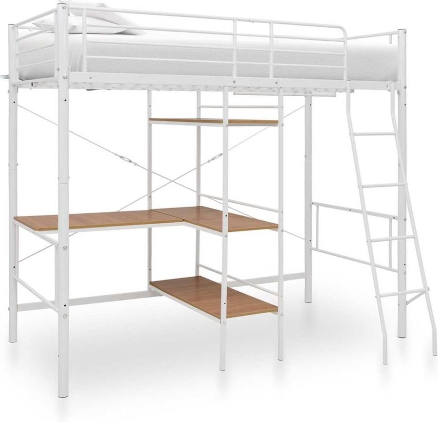 VidaXL Stapelbed met tafel Wit & Bruin 90x200 cm Stapelbed Metalen Bed Kidskamer Meubels Tweepersoons Bed Compact Bed Ruimtebesparende Meubelen Stapelbed Frame