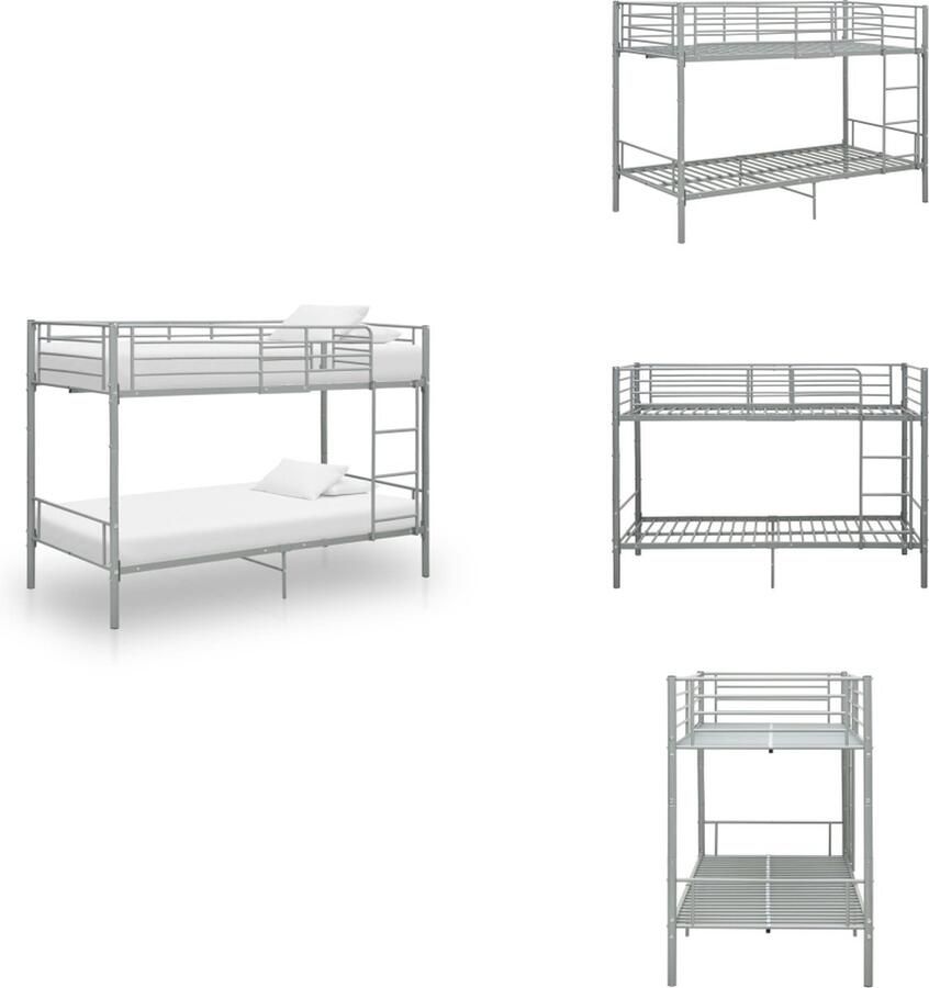 VidaXL Metalen Stapelbed Grijs 208x96x150 cm Voor 90x200 cm Matras Veiligheidsrails en Zijladder Bed