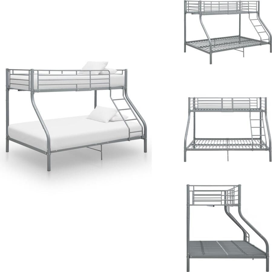 VidaXL Stapelbed Grijs Metaal 152 cm (H) 97.5 x 210 cm (B x L) 147.5 x 210 cm (B x L) Geschikt voor 90 x 200 cm 140 x 200 cm matras Met veiligheidsrails en ladder Montage vereist Bed