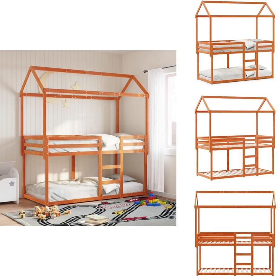 VidaXL Stapelbed Stapelbedden Bedframe Kinderbedframe Stapelbed met dak massief grenenhout wasbruin 80x200 cm