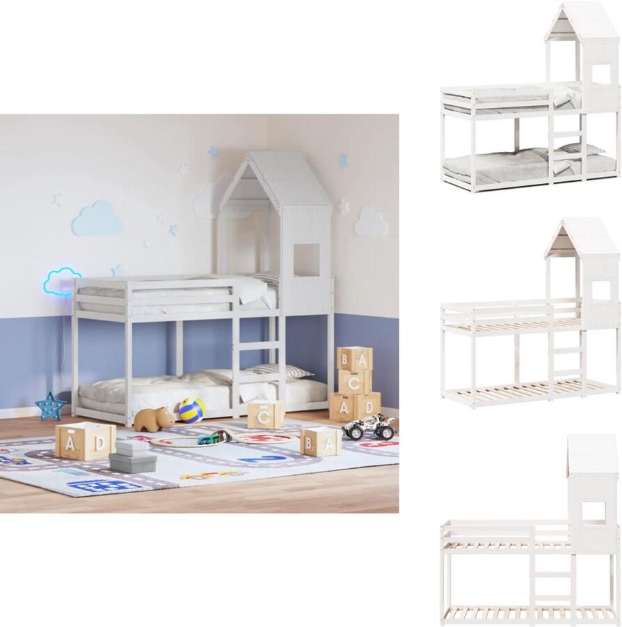 VidaXL Stapelbed Stapelbedden Bedframe Kinderbedframe Stapelbed met dak massief grenenhout wit 75x190 cm