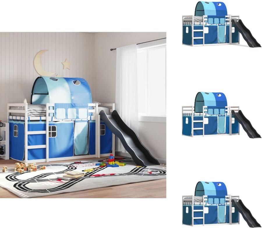 VidaXL Stapelbed Stapelbedden Bedframe Kinderbedframe Stapelbed met glijbaan en gordijnen blauw 80x200 cm