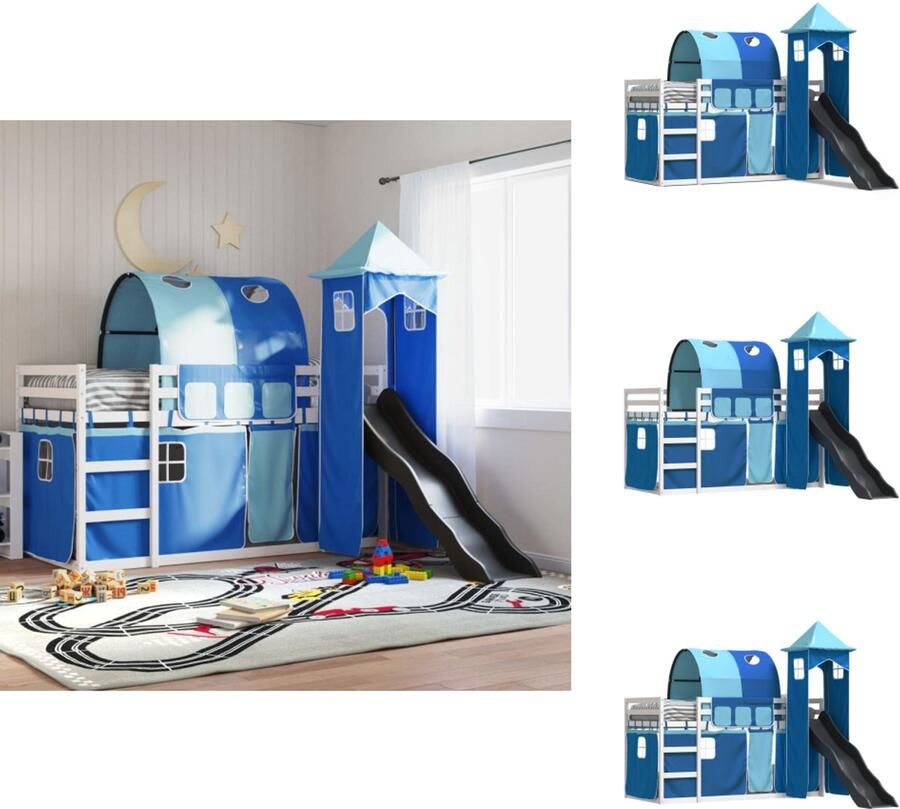 VidaXL Stapelbed Stapelbedden Bedframe Kinderbedframe Stapelbed met glijbaan en gordijnen blauw 80x200 cm