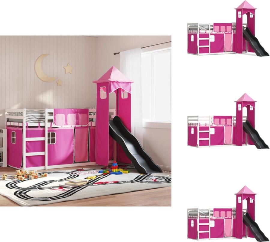 VidaXL Stapelbed Stapelbedden Bedframe Kinderbedframe Stapelbed met glijbaan en gordijnen roze 80x200 cm