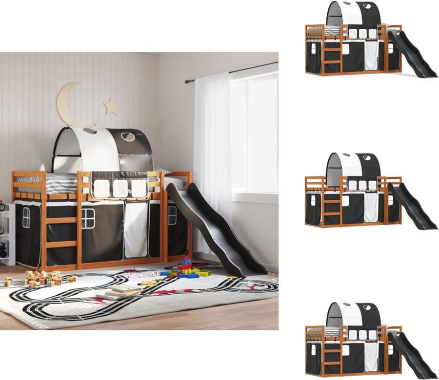 VidaXL Stapelbed Stapelbedden Bedframe Kinderbedframe Stapelbed met glijbaan en gordijnen wit en zwart 90x190 cm