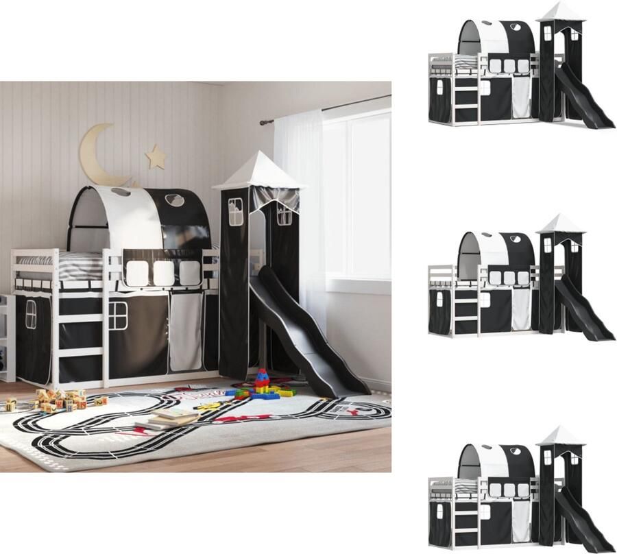 VidaXL Stapelbed Stapelbedden Bedframe Kinderbedframe Stapelbed met glijbaan en gordijnen wit en zwart 80x200 cm