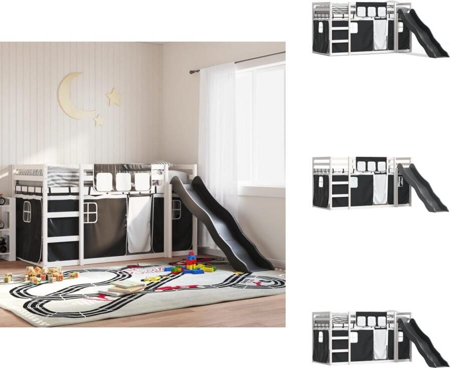 VidaXL Stapelbed Stapelbedden Bedframe Kinderbedframe Stapelbed met glijbaan en gordijnen wit en zwart 90x190 cm
