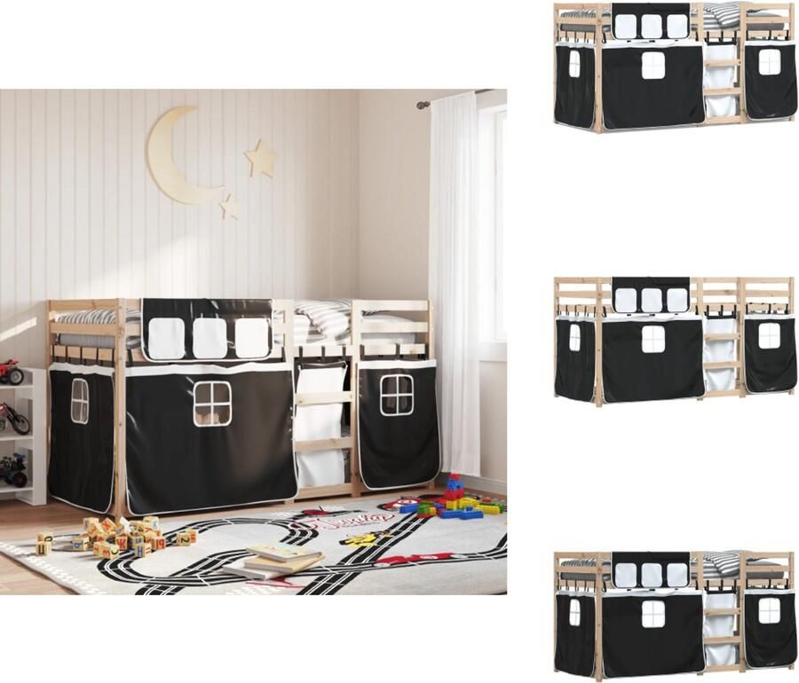 VidaXL Stapelbed Stapelbedden Bedframe Kinderbedframe Stapelbed met gordijnen 75x190 cm grenenhout wit en zwart