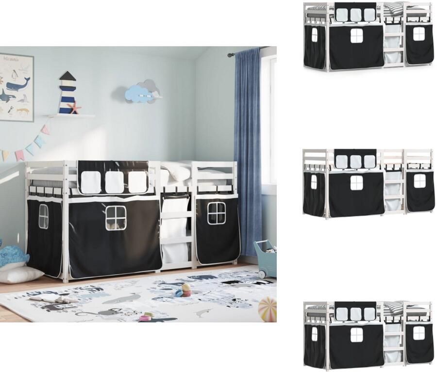 VidaXL Stapelbed Stapelbedden Bedframe Kinderbedframe Stapelbed met gordijnen 90x200 cm grenenhout wit en zwart