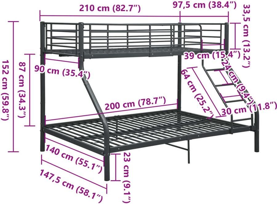 Vida XL Stapelbedframe metaal zwart 140x200 cm 90x200 cm SKU: V287905 - Foto 2