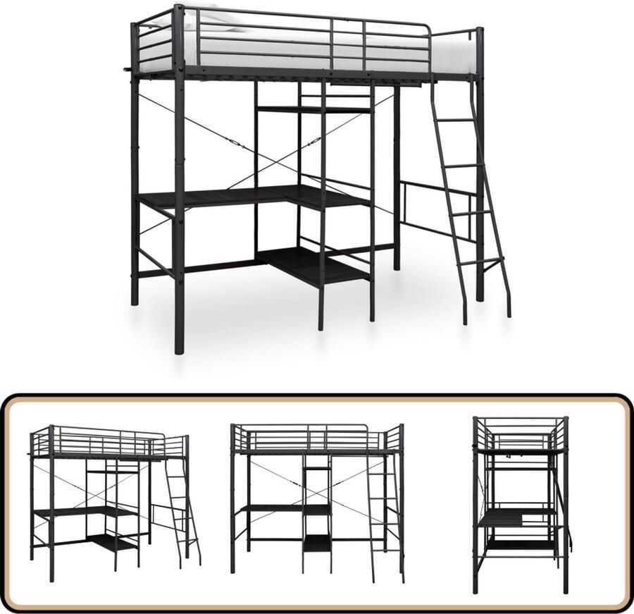 Vida XL Stapelbedframe met tafel metaal zwart 90x200 cm SKU: V287907