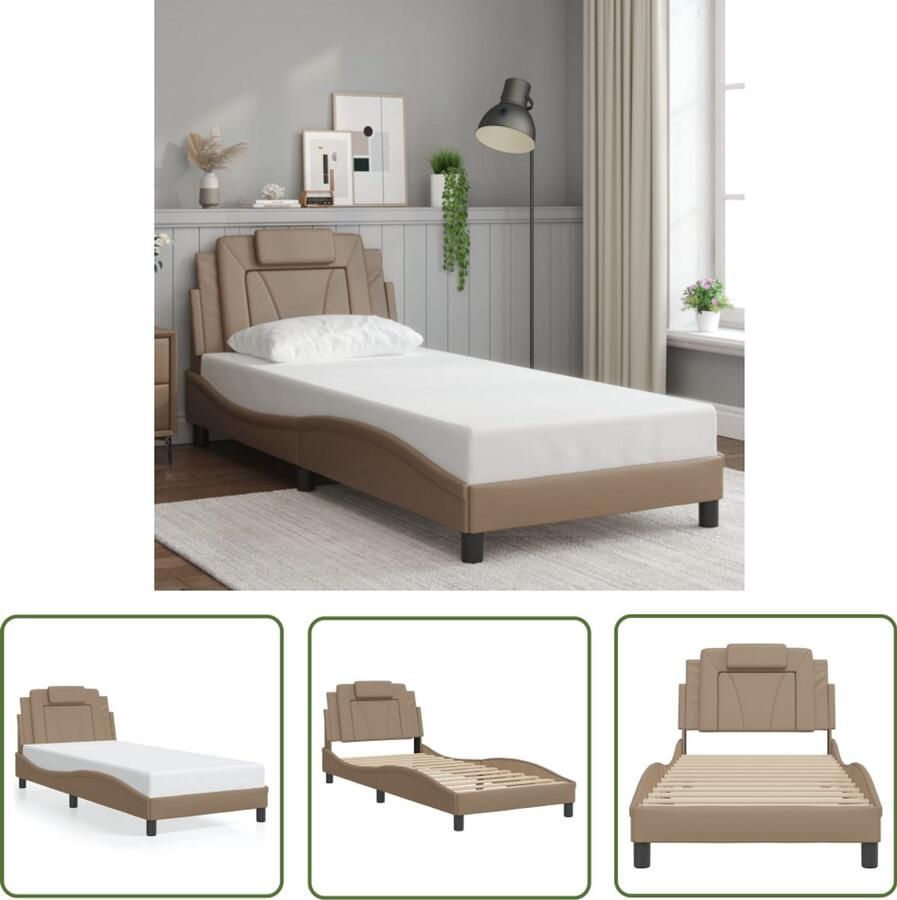 VidaXL Stijlvol Bedframe 90x200 cm met Hoofdbord Cappuccino Slaapcomfort Bed Frame Boxspring Tweepersoonsbed Bruine Bedbank Kapstok Kinderkamermeubel Modern Bed Houten Bed Lederlook - Foto 2
