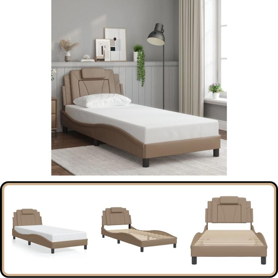 VidaXL Stijlvol Bedframe 90x200 cm met Hoofdbord Cappuccino Slaapcomfort Bed Frame Boxspring Tweepersoonsbed Bruine Bedbank Kapstok Kinderkamermeubel Modern Bed Houten Bed Lederlook