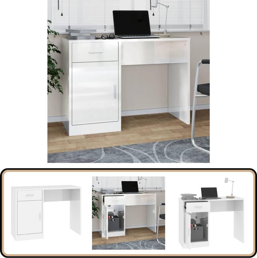 VidaXL -Bureau-met-kast-en-lade-100x40x73-cm-bewerkt-hout-hoogglans-wit