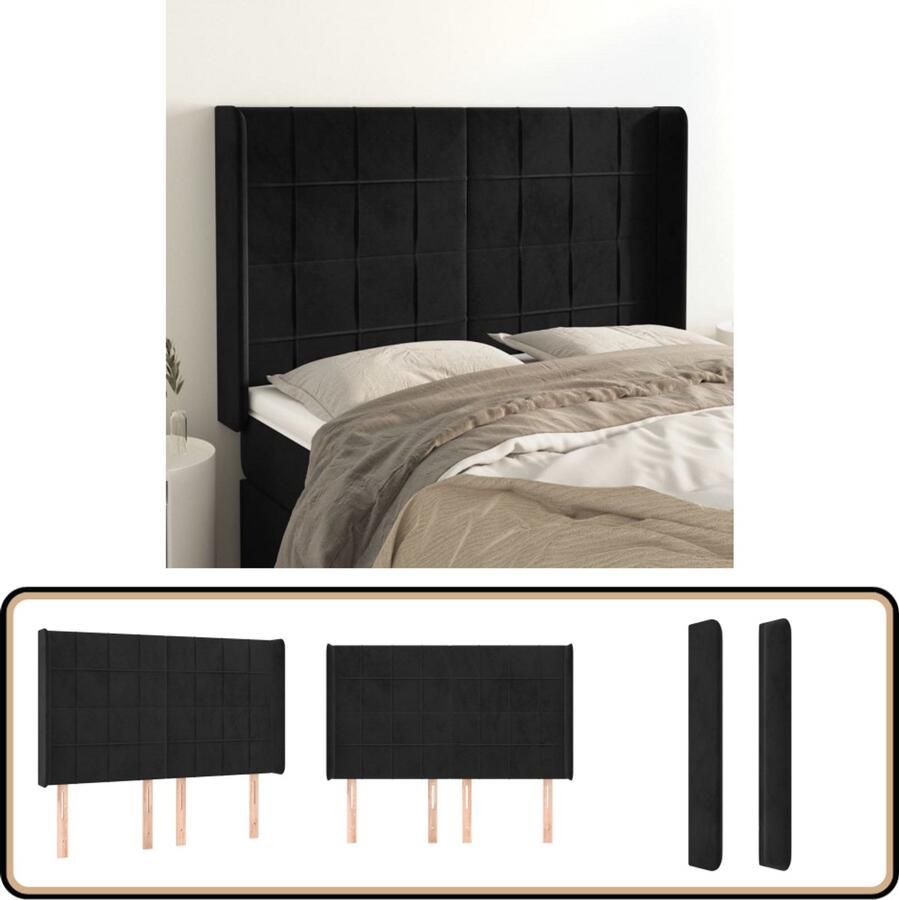 VidaXL Stijlvol Fluwelen Hoofdbord met Randen Zwart Klassieke Hoofdbord Zwarte Hoofdbord Fluweel Hoofdbord Velvet Headboard Hoofdbord Met Oren Bedhoofd Slaapkamersdecoratie Hoofdbekleding