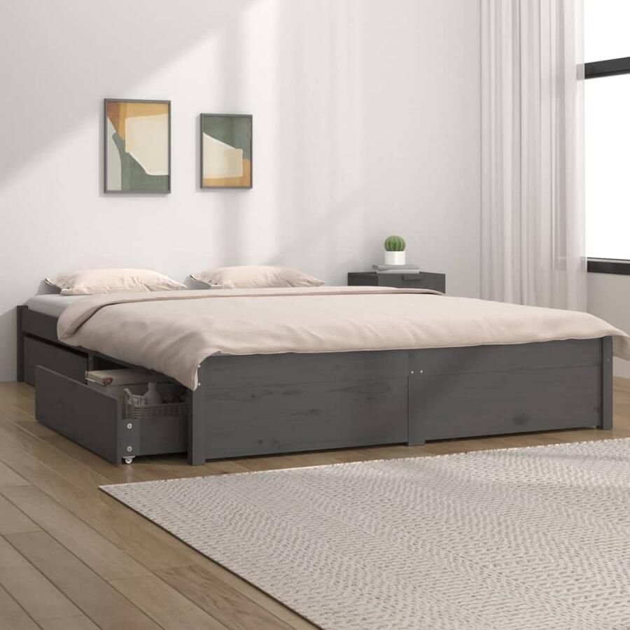 VidaXL Stijlvol grijs bedframe met lades 140x200 cm Houten Bed Frame Bed Frame Grijs Bed Frame Met Opbergruimte Bed Frame 140x200 Grenenhout Bed Frame - Foto 2
