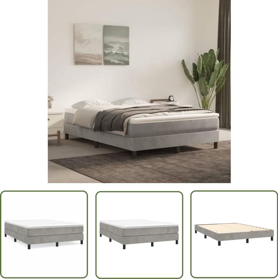 The Living Store Boxspringframe Fluweel Ondersteunende poten Multiplex lattenbodem Lichtgrijs 193x140x25 cm (LxBxH) Geschikte matras- 140x190 cm Boxspring Frame Fluweel Bed Grijs Bed 1 Persoons Bed Luxe Bed