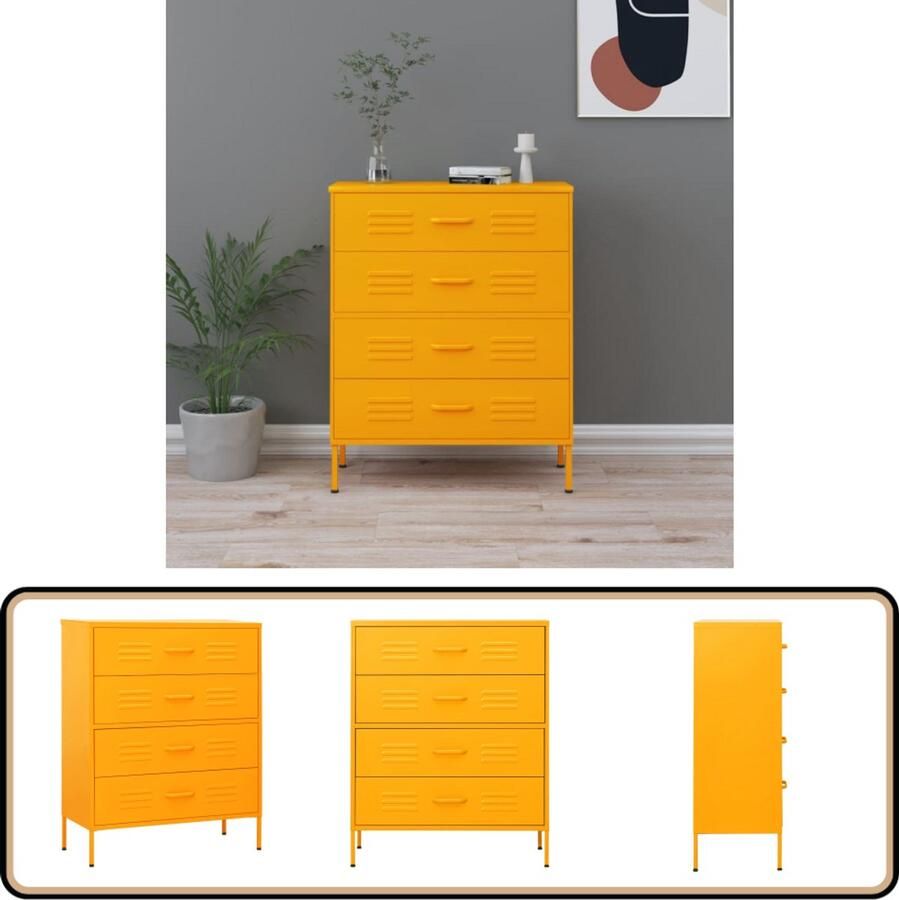 VidaXL Stijlvolle mosterdgele stalen ladekast 80x35x101 5 cm Ladekast Bijzetkast Staal Mosterdgeel Opbergruimte