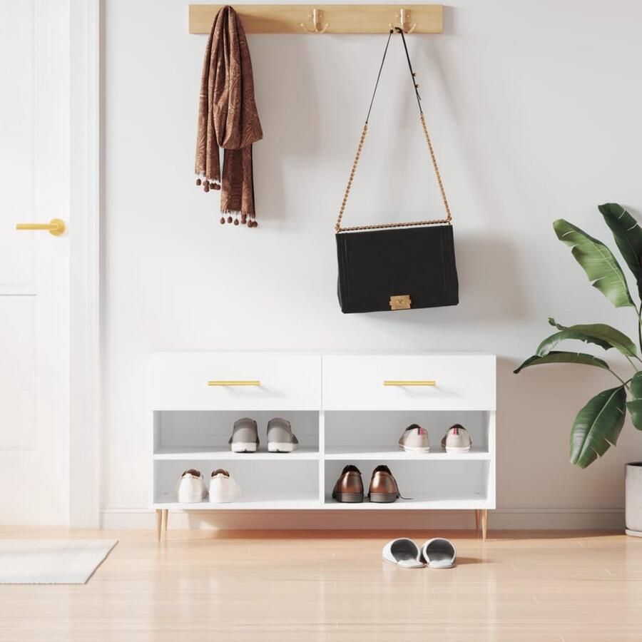 VidaXL Stijlvolle schoenenbank hoogglans wit 102x35x55 cm Schoenenbank Schoenenkasten Opbergruimte Houten Bank Industrieel Design Wit Compact Multifunctioneel - Foto 2