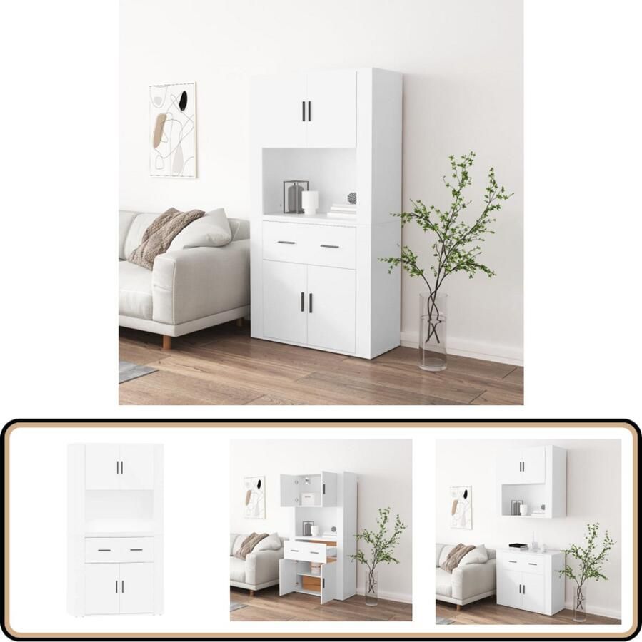 VidaXL Stijlvolle witte buffetkast Bewerkte houten opbergoplossing Hoge Kast Buffetkast Kast Dressoir Opbergkast - Foto 2