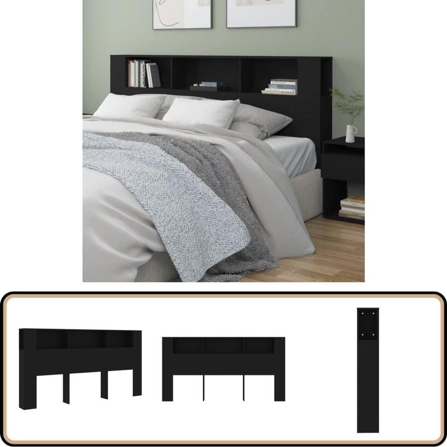 VidaXL Stijlvolle zwarte hoofdbordkast 200x18 5x104 5 cm Hoofd Bordkast Hoofdborden Slaapkamerdecoratie Houten Hoofdbord Zwarte Hoofdbordkast