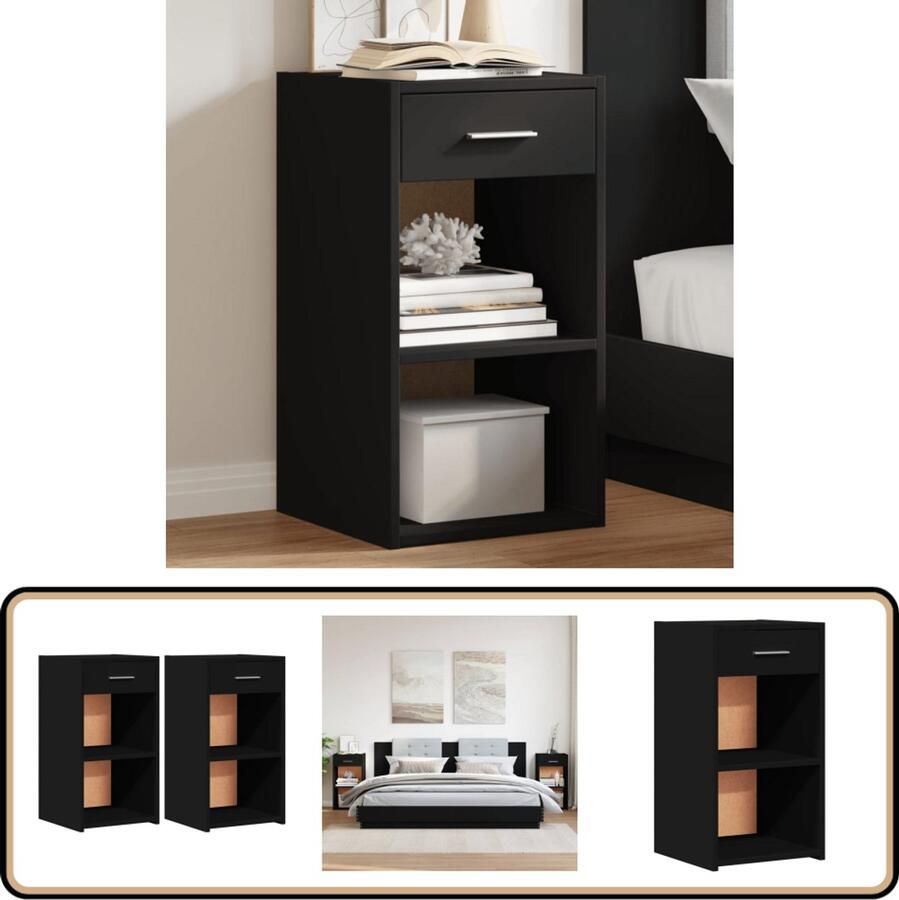 VidaXL Stijlvolle Zwarte Nachtkastjes van Bewerkt Hout Nachtkastje Kastje Houten Kast Zwarte Kast Kamermeubel