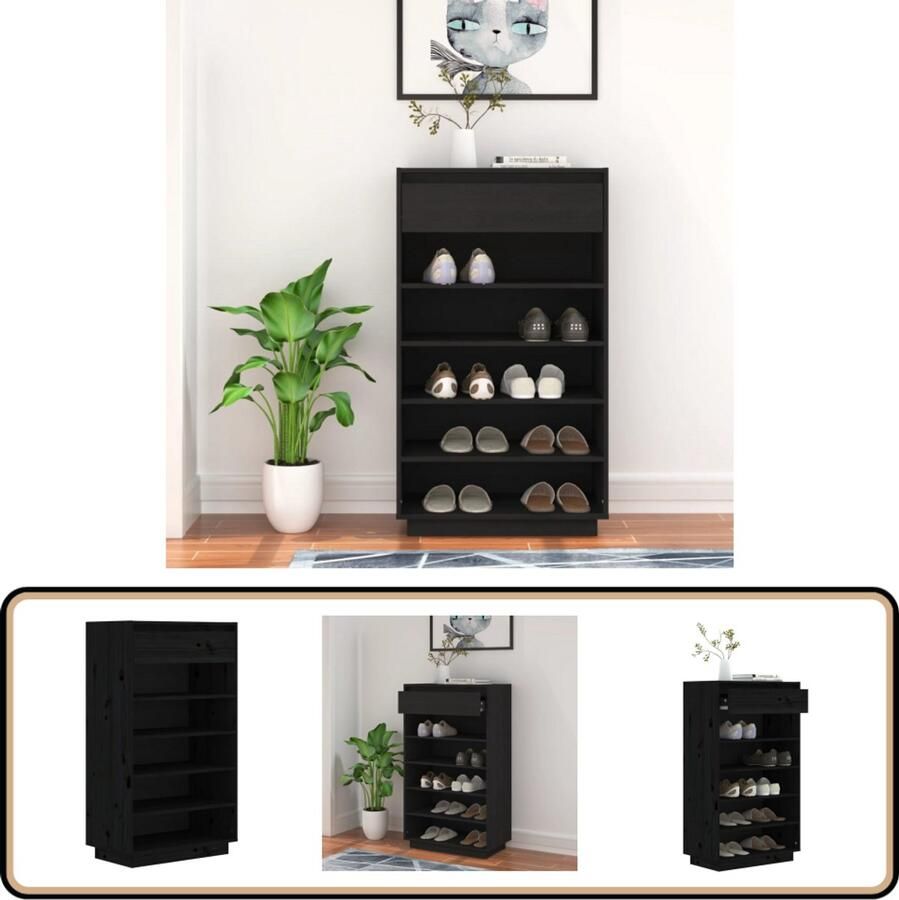 The Living Store Schoenenkast 60x34x105 cm massief grenenhout zwart Schoenenkast Hout Schoenen Organisatie Opbergruimte Entreehal