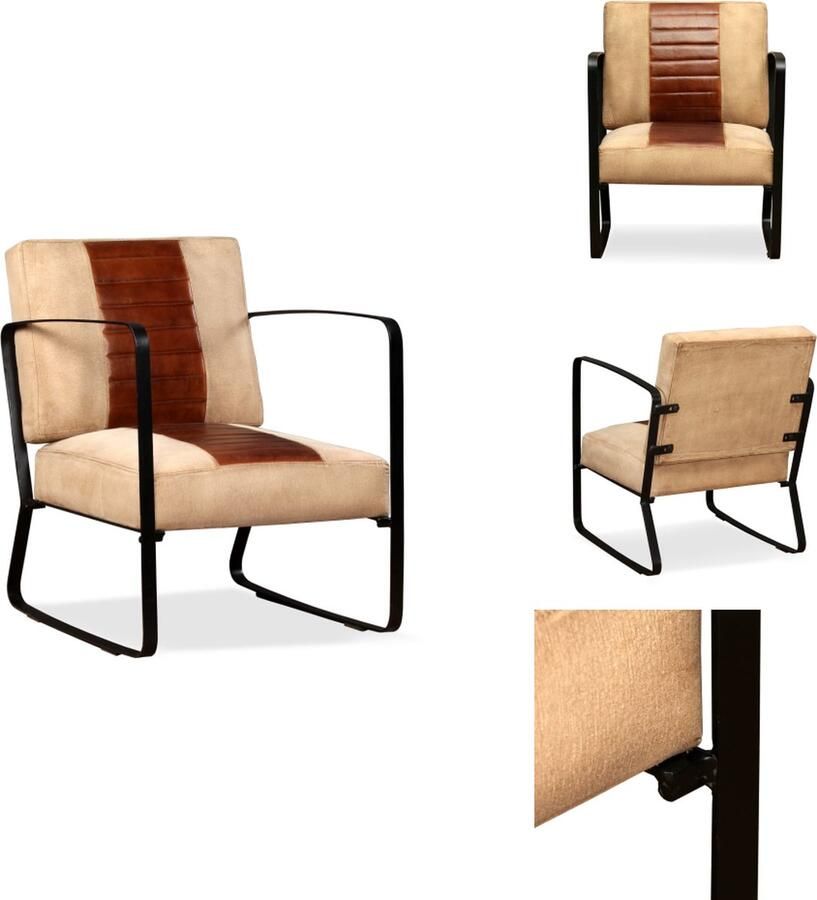 VidaXL Industriële Loungestoel Bruin Crème 60 x 64 x 74 cm Geitenleer Canvas Staal Fauteuil
