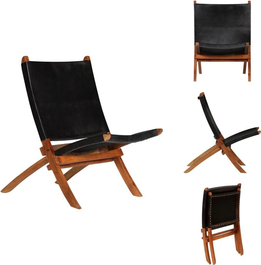 VidaXL Stoel Stoelen Zitmeubel Zitmeubels Relaxstoel inklapbaar echt leer zwart