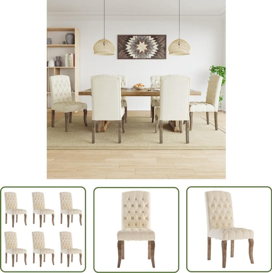 The Living Store Eetkamerstoelen 50 x 58 x 103 cm Beige linnen-look stof 100% polyester Massief rubberwood Set van 6 Eetkamerstoelen Stoelen Linnen Look Beige Meubels Houten Stoelen
