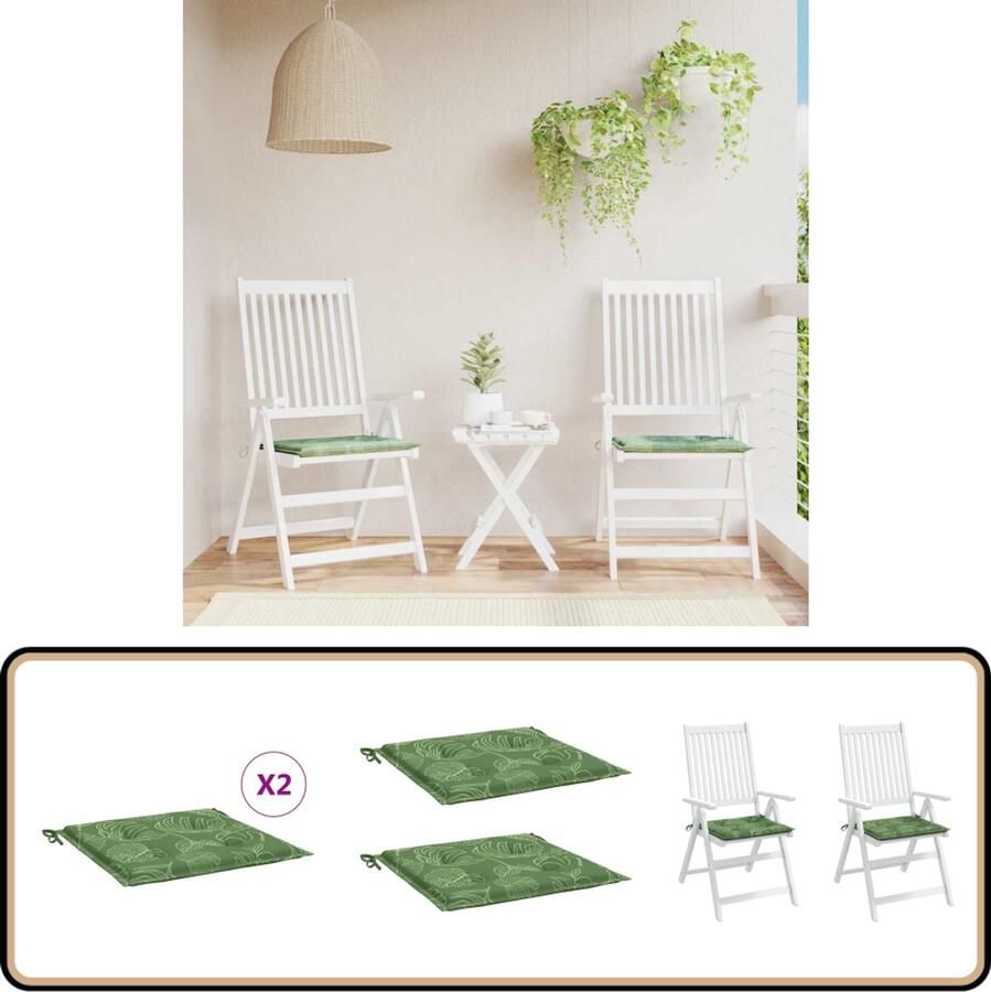 VidaXL Stoelkussens 2 st Bladpatroon 50x50x3 cm Stoelkussens Tuinstoel Terrasstoel Outdoordecoratie Comfort Waterafstotend Oxfordstof Groene Stoelkussens