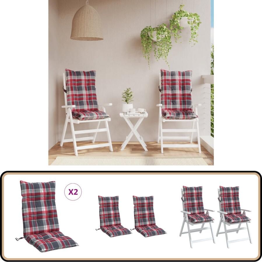 VidaXL Stoelkussens 2 stuks Hoge rug Rood Ruitpatroon Tuinstoel Kussent Hogerugs Kussens Outdoor Kussens Patio Kussens Stoelkussens Rood