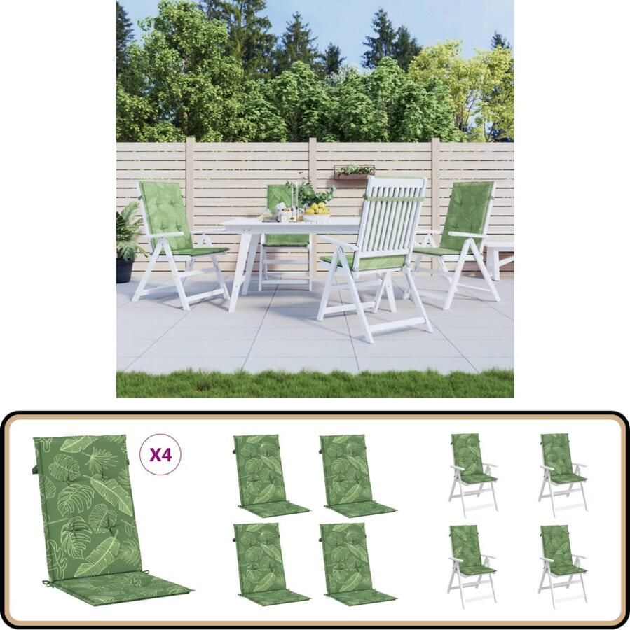 VidaXL Stoelkussens 4 st Hoge Rug Bladpatroon Stof Stoelkussens Tuinstoel Terrasstoel Outdoordecoratie Comfort