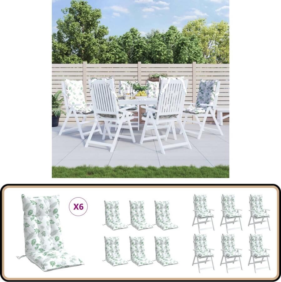 VidaXL Stoelkussens 6 st hoge rug Bladpatroon Stoelkussens Hogerug Outdoor Tuinkussens Lounge Set