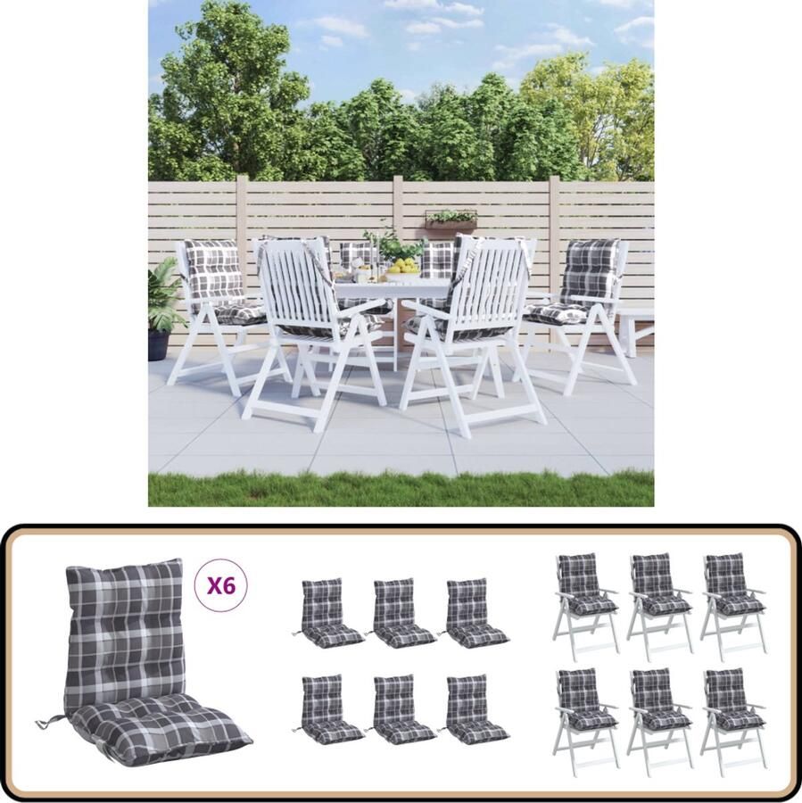 VidaXL Stoelkussens 6 stuks Lage Rug Grijs Ruitpatroon Stoelkussens Zitzakken Outdoor Accessoires Tuinkussens Lounge Kussens