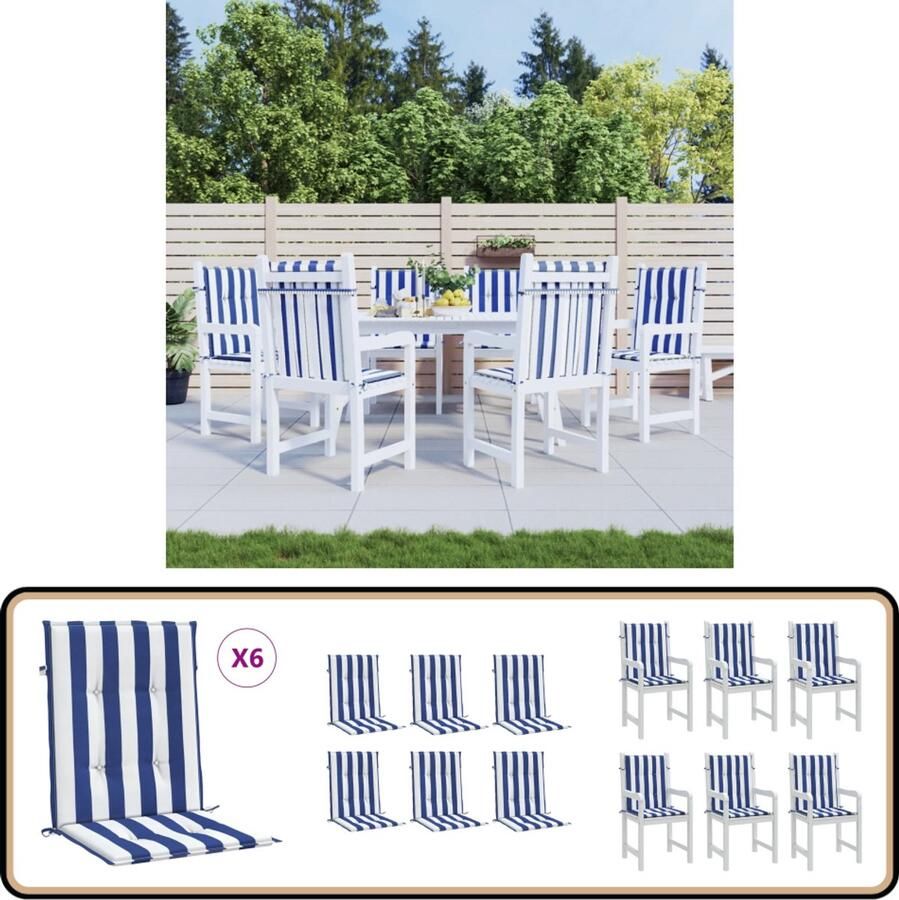 VidaXL Stoelkussens 6 stuks Lage rug Wit Blauw Stoelkussens Zitcushions Lounge Set Tuinkamer Buitendecoratie