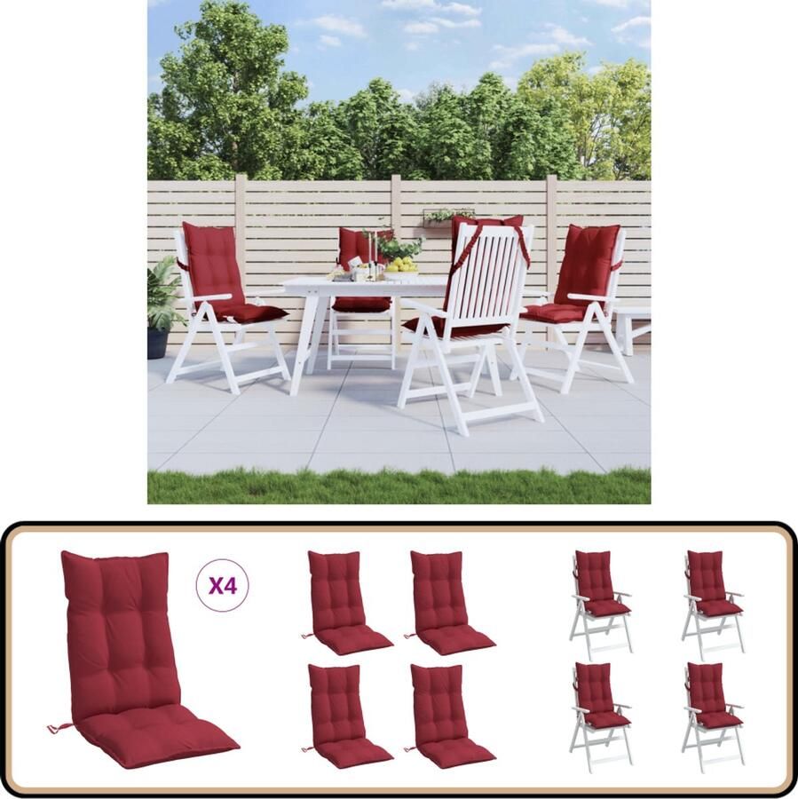 VidaXL Stoelkussens Hoge Rug 4 Stuks Wijnrood Stoelkussens Hogerug Outdoor Tuinstoel Terrasstoel