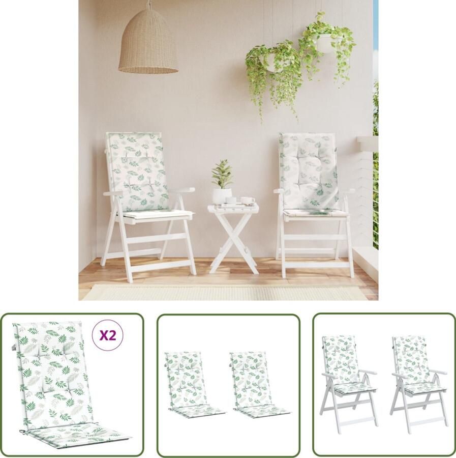 VidaXL Stoelkussens Hoge rug Bladpatroon 2 st Stoelkussens Buitenkussens Tuinkussens Hocker Kussentje Lounge Kussens Balkon Kussens Patio Kussens Groene Kussens Polyester Kussens