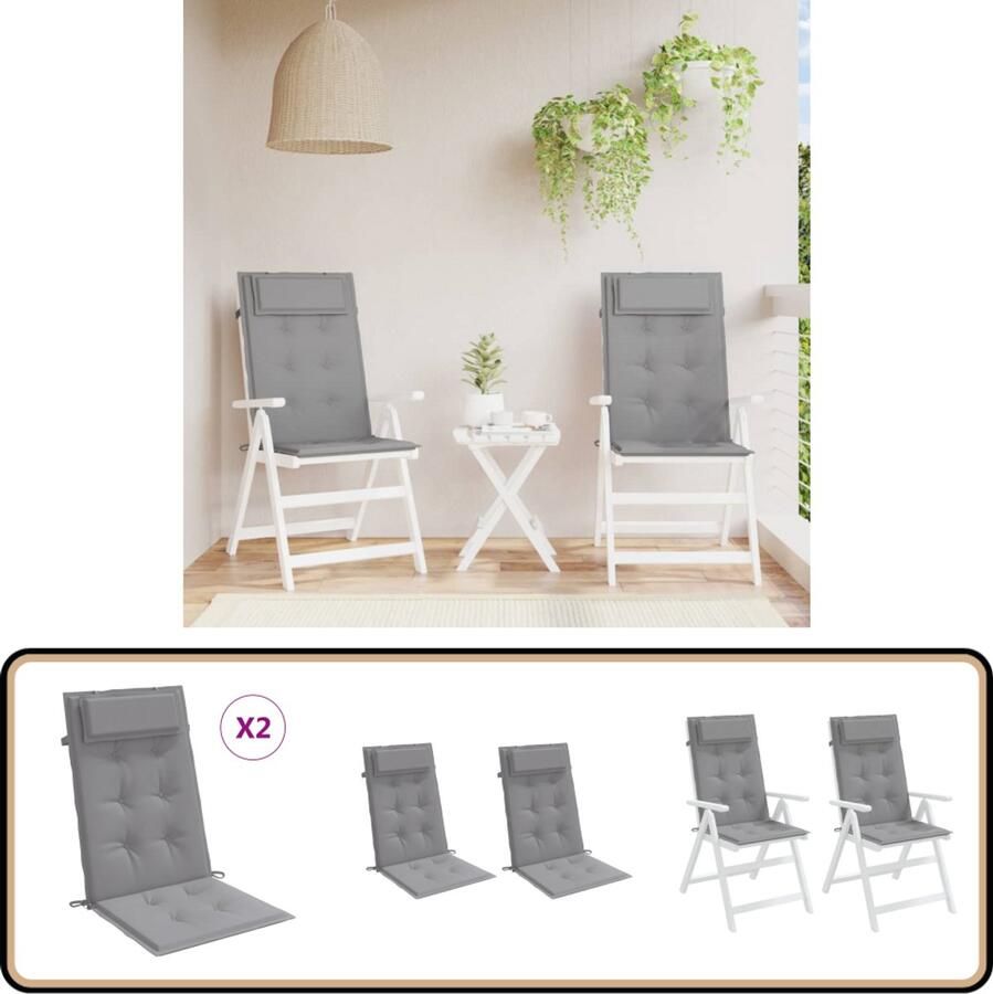 VidaXL Stoelkussens Hoge Rug Grijs 2 stuks Stoelkussens Oxford Stof Tuinstoel Terrasstoel Outdoor Kussens Comfort Kussens Grijze Kussens Hoogrug Kussens